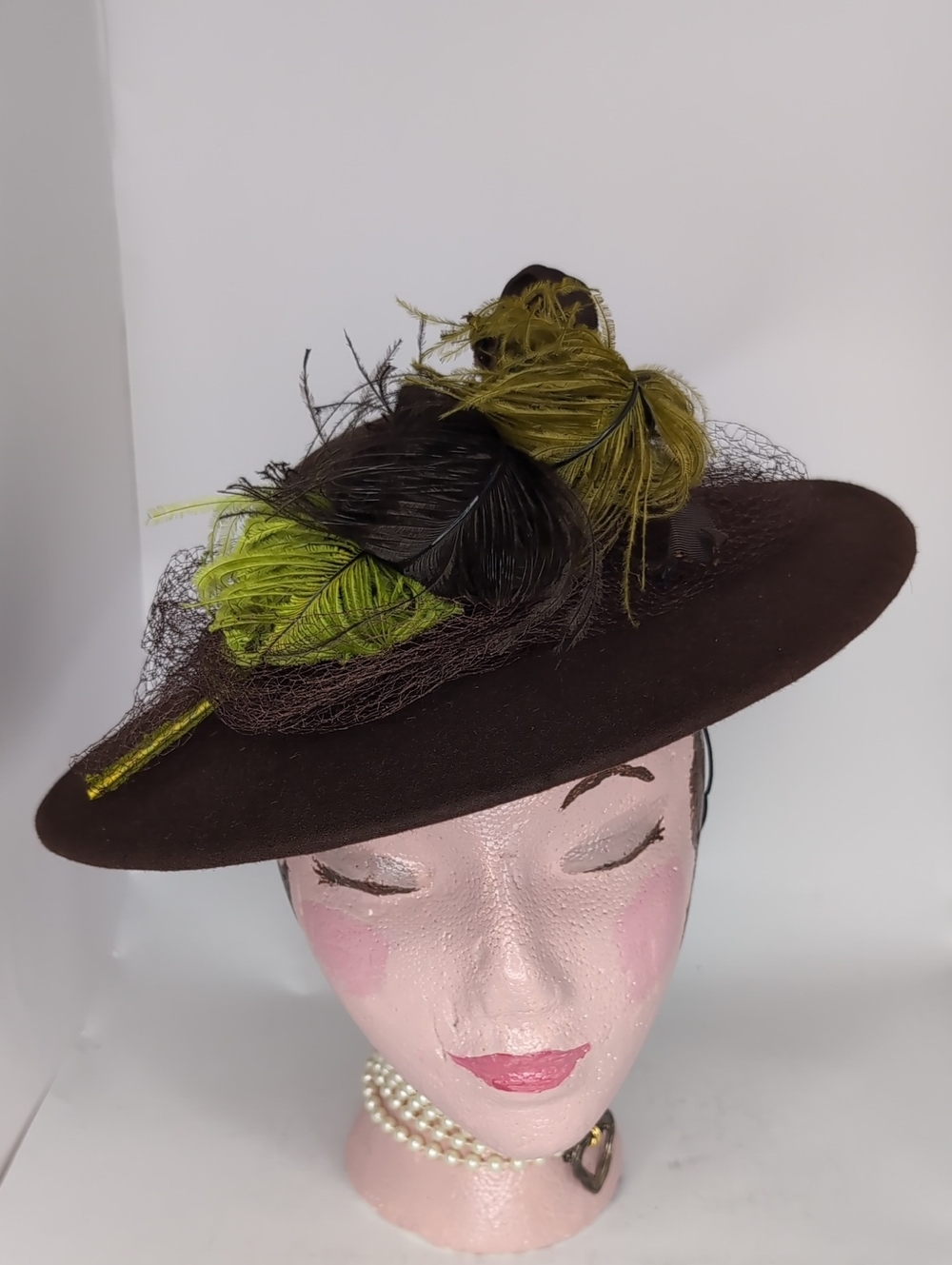 Vintage Brown Felt Tilt Hat with Olive Green Feather Trim